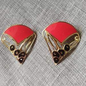 Vintage 80's Edgar Berebi Earrings Gold Red Black